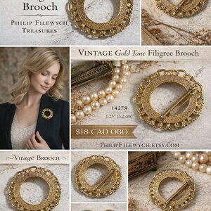 SE-55-Vintage Gold Tone Filigree Brooch – Ornate Circular Frame Pin – Decorative